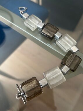 Glass Square Link Bracelet in Smoky Brown and Pearl White